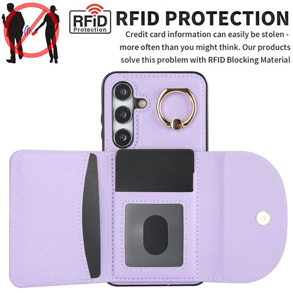 For Samsung Galaxy S25 5G Ring Holder Card Bag Skin Feel Phone Case(Purple)