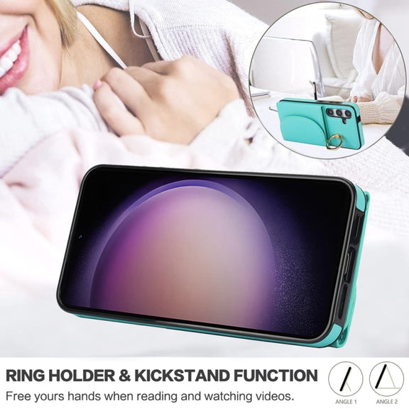 For Samsung Galaxy S25+ 5G Ring Holder Card Bag Skin Feel Phone Case(Green)