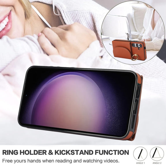 For Samsung Galaxy S25+ 5G Ring Holder Card Bag Skin Feel Phone Case(Brown)