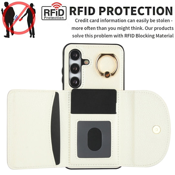 For Samsung Galaxy S25+ 5G Ring Holder Card Bag Skin Feel Phone Case(White)