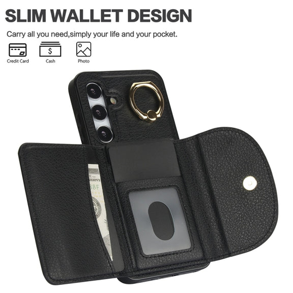 For Samsung Galaxy S25+ 5G Ring Holder Card Bag Skin Feel Phone Case(Black)