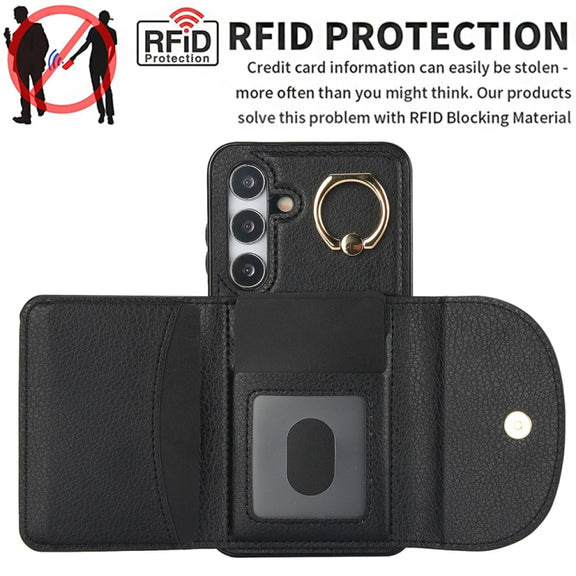 For Samsung Galaxy S25+ 5G Ring Holder Card Bag Skin Feel Phone Case(Black)