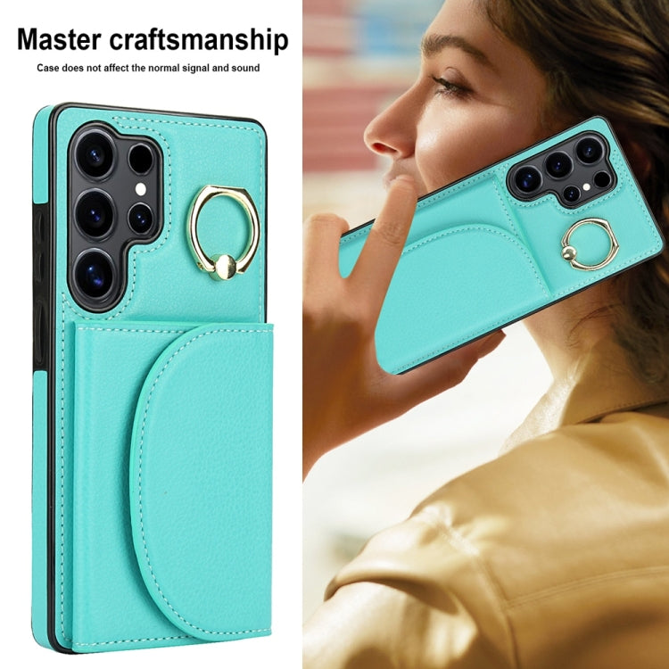 For Samsung Galaxy S25 Ultra 5G Ring Holder Card Bag Skin Feel Phone Case(Green)