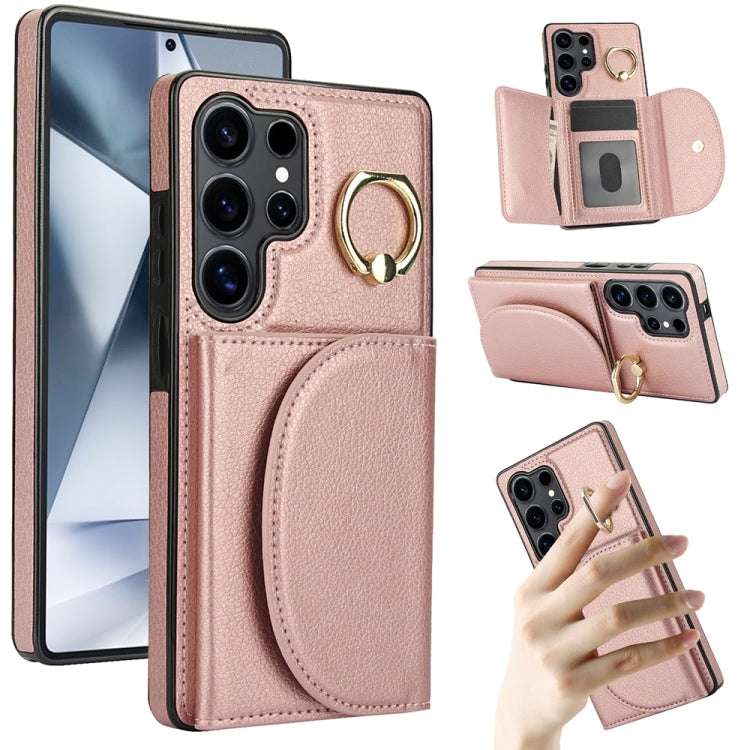 For Samsung Galaxy S25 Ultra 5G Ring Holder Card Bag Skin Feel Phone Case(Rose Gold)
