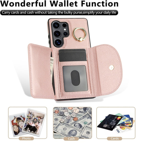 For Samsung Galaxy S25 Ultra 5G Ring Holder Card Bag Skin Feel Phone Case(Rose Gold)