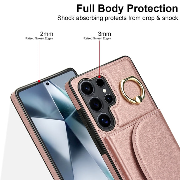 For Samsung Galaxy S25 Ultra 5G Ring Holder Card Bag Skin Feel Phone Case(Rose Gold)