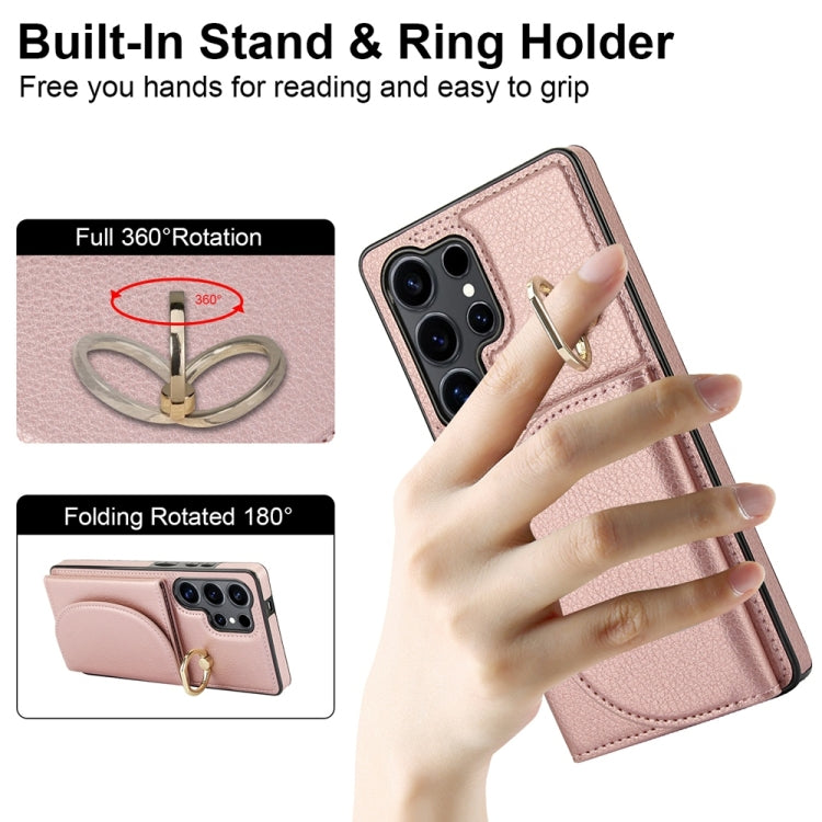 For Samsung Galaxy S25 Ultra 5G Ring Holder Card Bag Skin Feel Phone Case(Rose Gold)