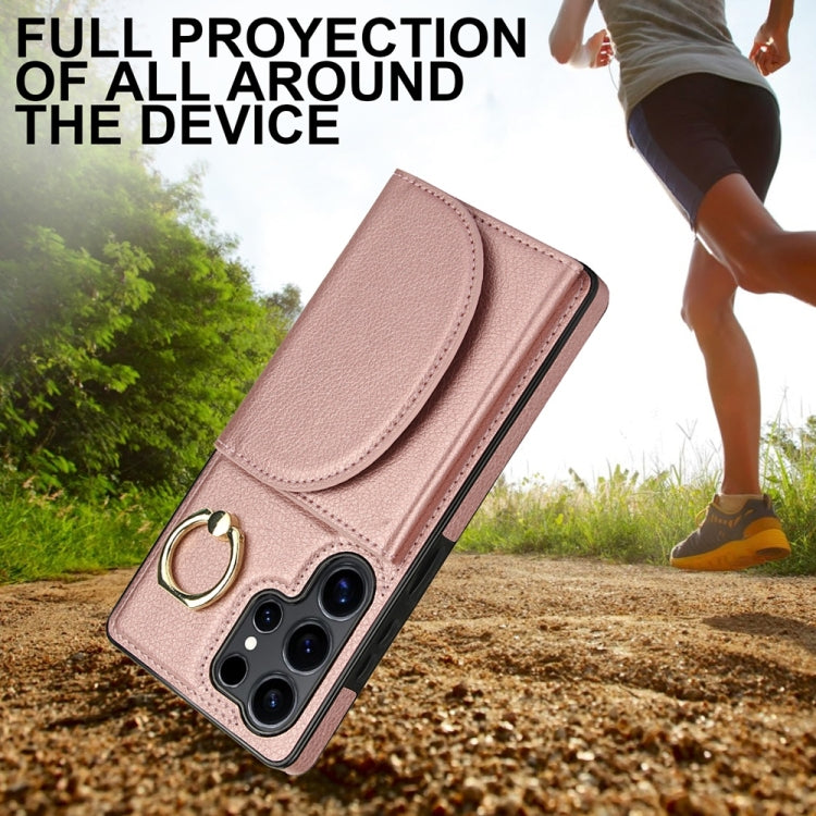 For Samsung Galaxy S25 Ultra 5G Ring Holder Card Bag Skin Feel Phone Case(Rose Gold)