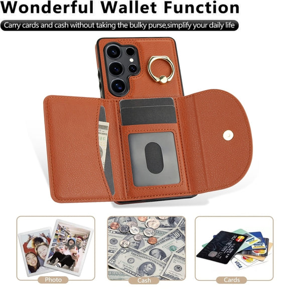 For Samsung Galaxy S25 Ultra 5G Ring Holder Card Bag Skin Feel Phone Case(Brown)