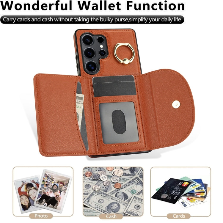 For Samsung Galaxy S25 Ultra 5G Ring Holder Card Bag Skin Feel Phone Case(Brown)
