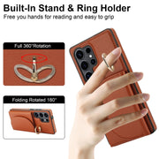 For Samsung Galaxy S25 Ultra 5G Ring Holder Card Bag Skin Feel Phone Case(Brown)
