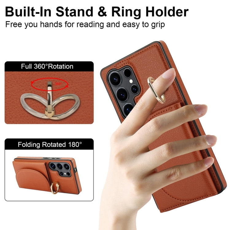 For Samsung Galaxy S25 Ultra 5G Ring Holder Card Bag Skin Feel Phone Case(Brown)