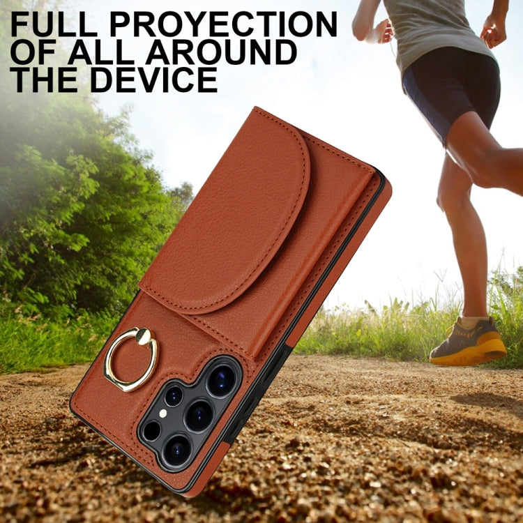 For Samsung Galaxy S25 Ultra 5G Ring Holder Card Bag Skin Feel Phone Case(Brown)