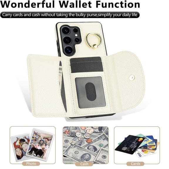 For Samsung Galaxy S25 Ultra 5G Ring Holder Card Bag Skin Feel Phone Case(White)