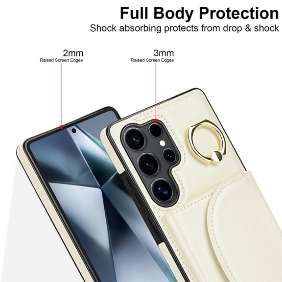 For Samsung Galaxy S25 Ultra 5G Ring Holder Card Bag Skin Feel Phone Case(White)