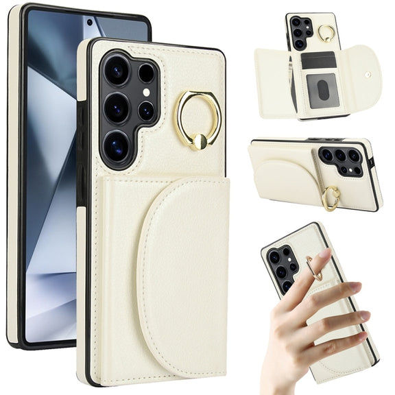 For Samsung Galaxy S25 Ultra 5G Ring Holder Card Bag Skin Feel Phone Case(White)