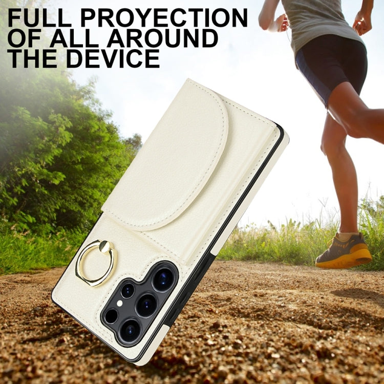 For Samsung Galaxy S25 Ultra 5G Ring Holder Card Bag Skin Feel Phone Case(White)