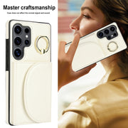 For Samsung Galaxy S25 Ultra 5G Ring Holder Card Bag Skin Feel Phone Case(White)