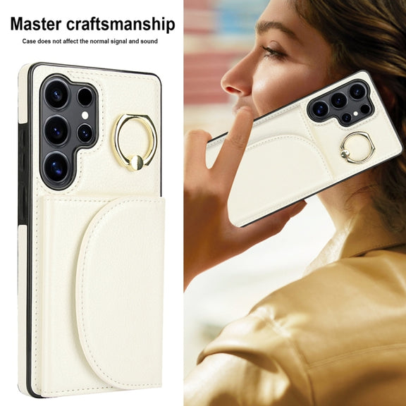 For Samsung Galaxy S25 Ultra 5G Ring Holder Card Bag Skin Feel Phone Case(White)