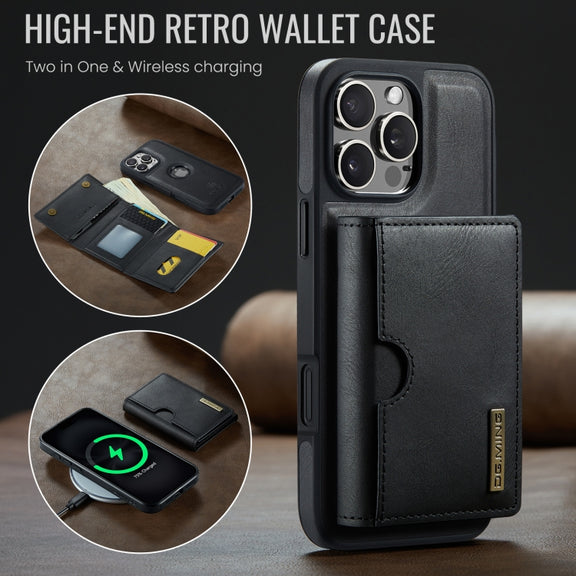 For iPhone 16 Pro Max DG.MING M6 Series RFID Tri-fold Card Bag Removable Leather Phone Case(Black)