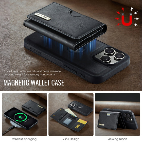 For iPhone 16 Pro Max DG.MING M6 Series RFID Tri-fold Card Bag Removable Leather Phone Case(Black)