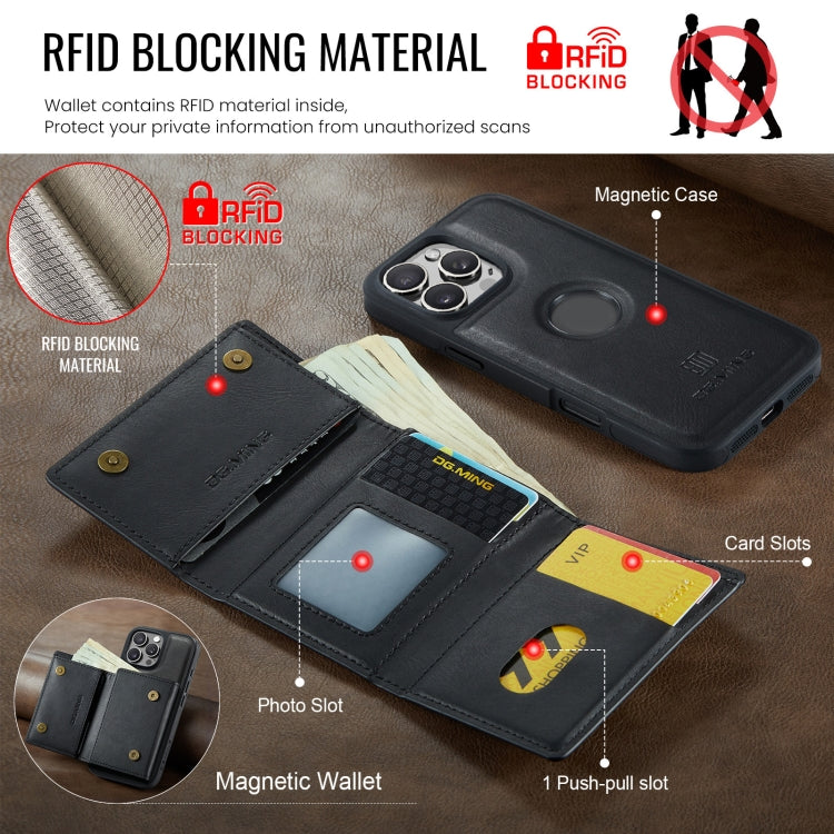 For iPhone 16 Pro Max DG.MING M6 Series RFID Tri-fold Card Bag Removable Leather Phone Case(Black)