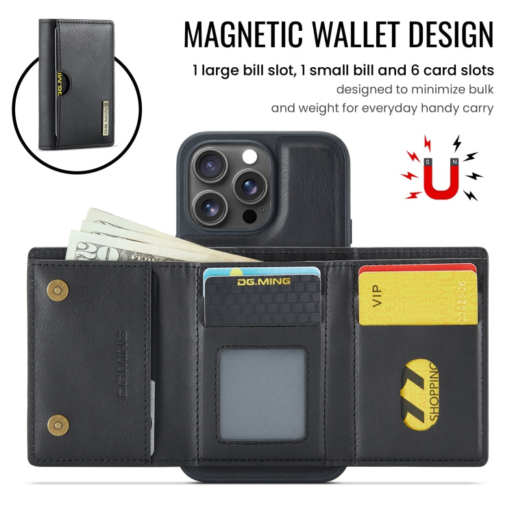 For iPhone 16 Pro Max DG.MING M6 Series RFID Tri-fold Card Bag Removable Leather Phone Case(Black)