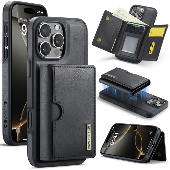 For iPhone 16 Pro Max DG.MING M6 Series RFID Tri-fold Card Bag Removable Leather Phone Case(Black)