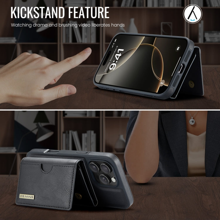 For iPhone 16 Pro Max DG.MING M6 Series RFID Tri-fold Card Bag Removable Leather Phone Case(Black)