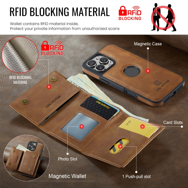 For iPhone 16 Pro Max DG.MING M6 Series RFID Tri-fold Card Bag Removable Leather Phone Case(Brown)