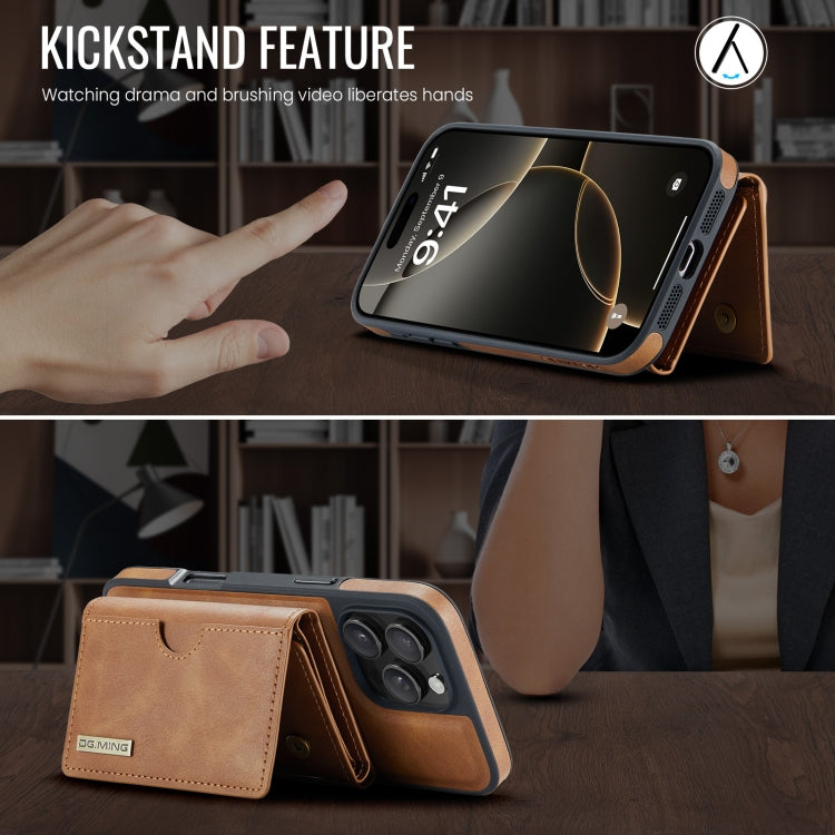 For iPhone 16 Pro Max DG.MING M6 Series RFID Tri-fold Card Bag Removable Leather Phone Case(Brown)