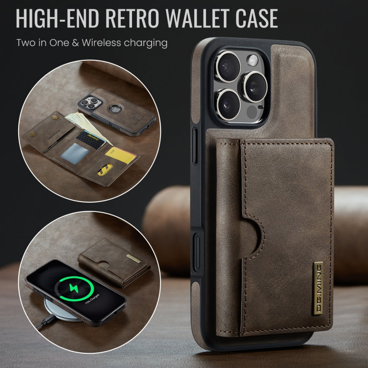 For iPhone 16 Pro Max DG.MING M6 Series RFID Tri-fold Card Bag Removable Leather Phone Case(Coffee)