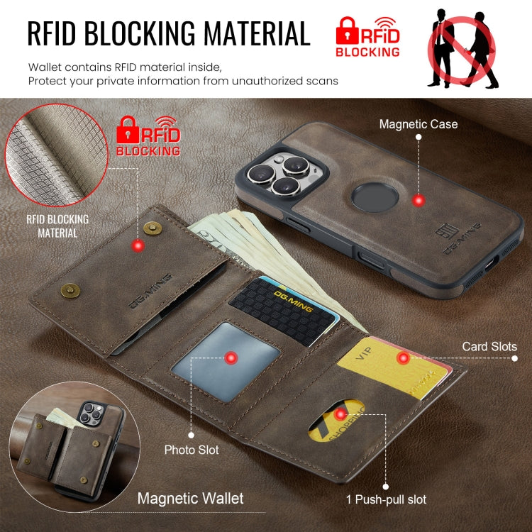 For iPhone 16 Pro Max DG.MING M6 Series RFID Tri-fold Card Bag Removable Leather Phone Case(Coffee)