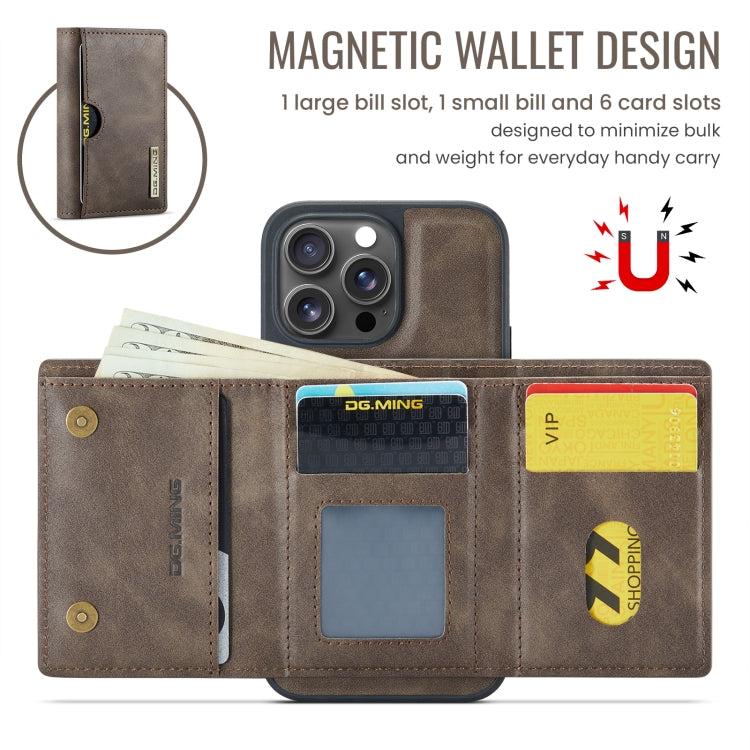 For iPhone 16 Pro Max DG.MING M6 Series RFID Tri-fold Card Bag Removable Leather Phone Case(Coffee)