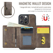 For iPhone 16 Pro Max DG.MING M6 Series RFID Tri-fold Card Bag Removable Leather Phone Case(Coffee)