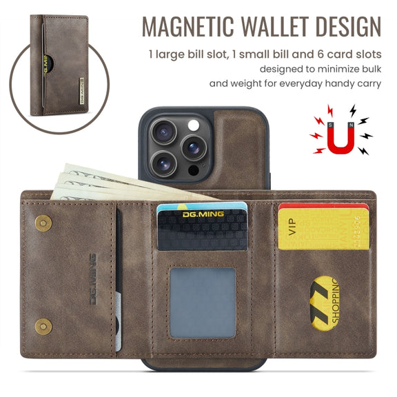 For iPhone 16 Pro Max DG.MING M6 Series RFID Tri-fold Card Bag Removable Leather Phone Case(Coffee)