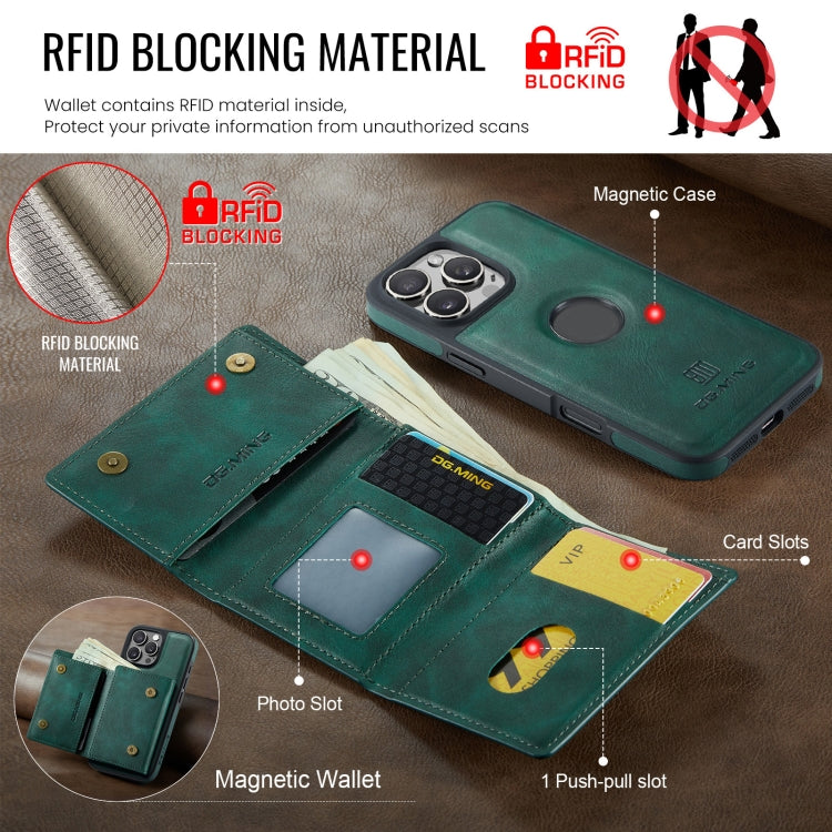 For iPhone 16 Pro Max DG.MING M6 Series RFID Tri-fold Card Bag Removable Leather Phone Case(Green)