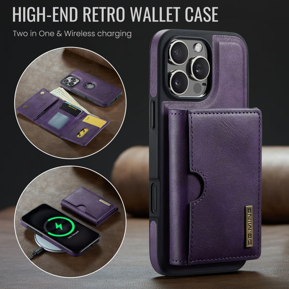 For iPhone 16 Pro Max DG.MING M6 Series RFID Tri-fold Card Bag Removable Leather Phone Case(Purple)