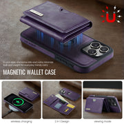 For iPhone 16 Pro Max DG.MING M6 Series RFID Tri-fold Card Bag Removable Leather Phone Case(Purple)