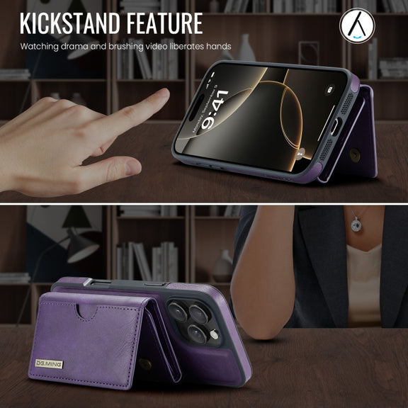 For iPhone 16 Pro Max DG.MING M6 Series RFID Tri-fold Card Bag Removable Leather Phone Case(Purple)