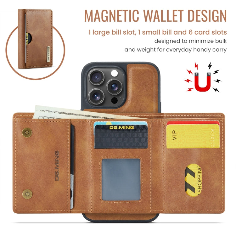 For iPhone 16 Pro DG.MING M6 Series RFID Tri-fold Card Bag Removable Leather Phone Case(Brown)