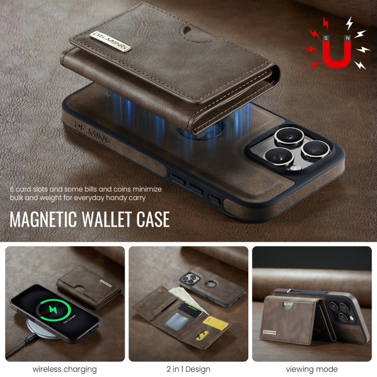 For iPhone 16 Pro DG.MING M6 Series RFID Tri-fold Card Bag Removable Leather Phone Case(Coffee)