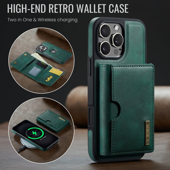 For iPhone 16 Pro DG.MING M6 Series RFID Tri-fold Card Bag Removable Leather Phone Case(Green)