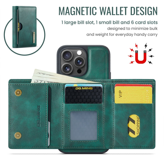 For iPhone 16 Pro DG.MING M6 Series RFID Tri-fold Card Bag Removable Leather Phone Case(Green)
