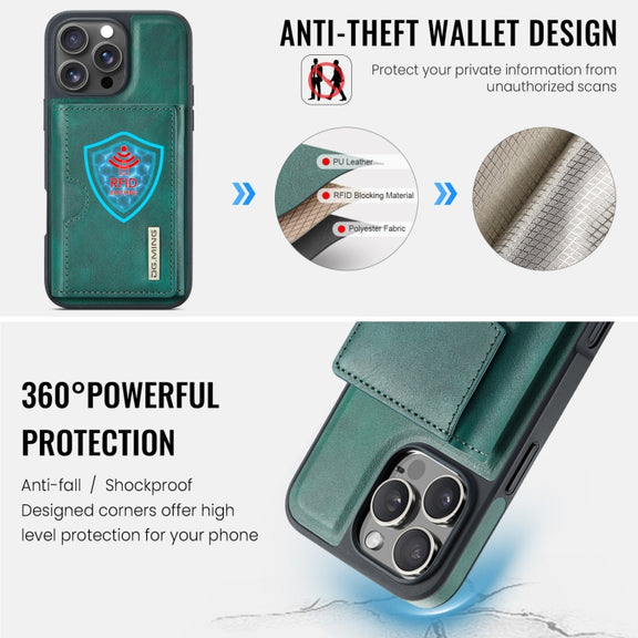 For iPhone 16 Pro DG.MING M6 Series RFID Tri-fold Card Bag Removable Leather Phone Case(Green)