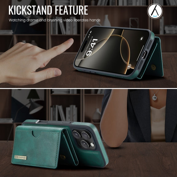 For iPhone 16 Pro DG.MING M6 Series RFID Tri-fold Card Bag Removable Leather Phone Case(Green)