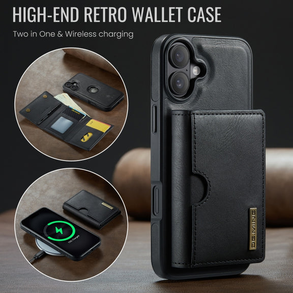 For iPhone 16 Plus DG.MING M6 Series RFID Tri-fold Card Bag Removable Leather Phone Case(Black)