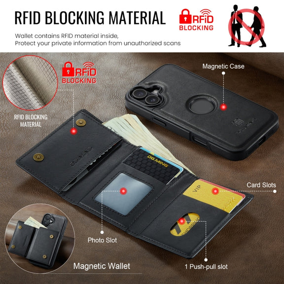 For iPhone 16 Plus DG.MING M6 Series RFID Tri-fold Card Bag Removable Leather Phone Case(Black)