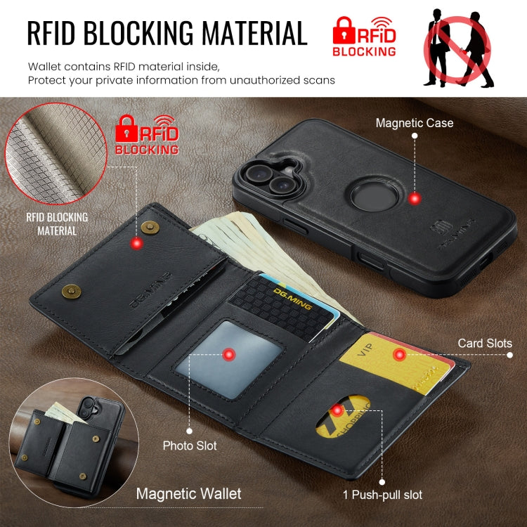 For iPhone 16 Plus DG.MING M6 Series RFID Tri-fold Card Bag Removable Leather Phone Case(Black)