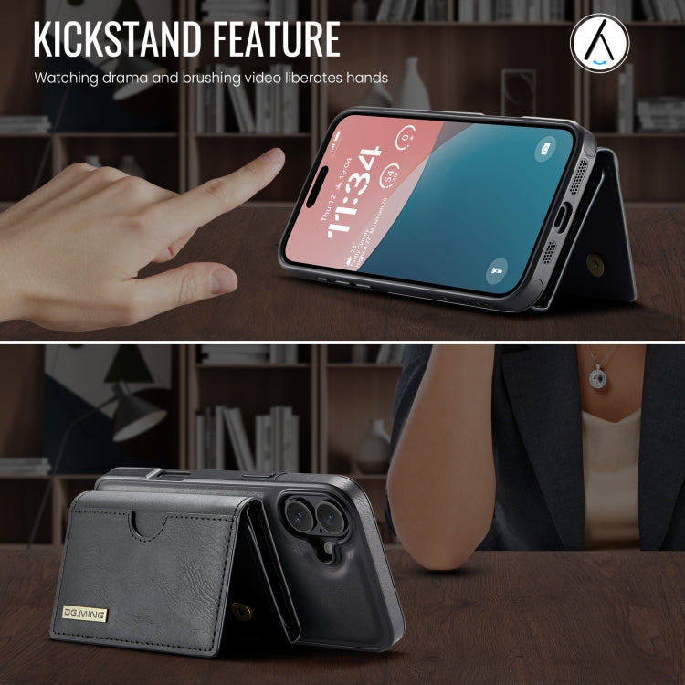 For iPhone 16 Plus DG.MING M6 Series RFID Tri-fold Card Bag Removable Leather Phone Case(Black)